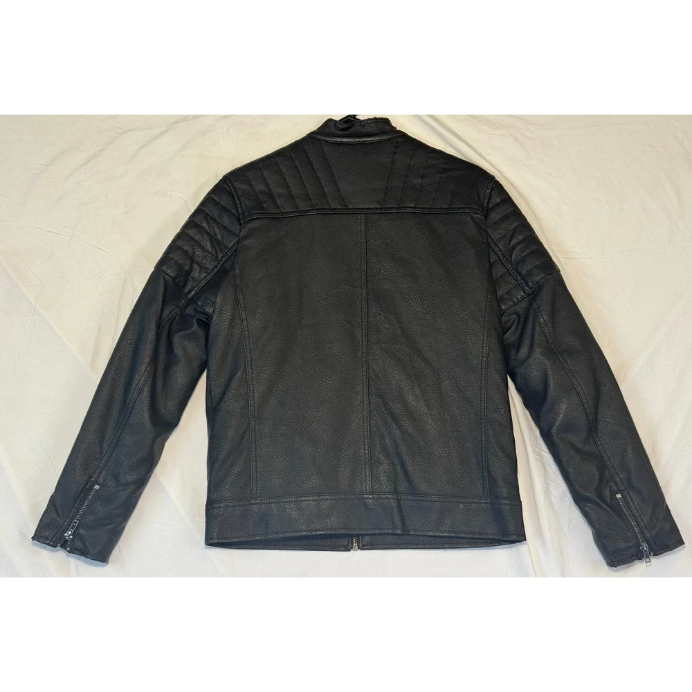 ASOS Mens Faux Leather Biker Jacket Black Quilted Shoulder Cafe Racer XS